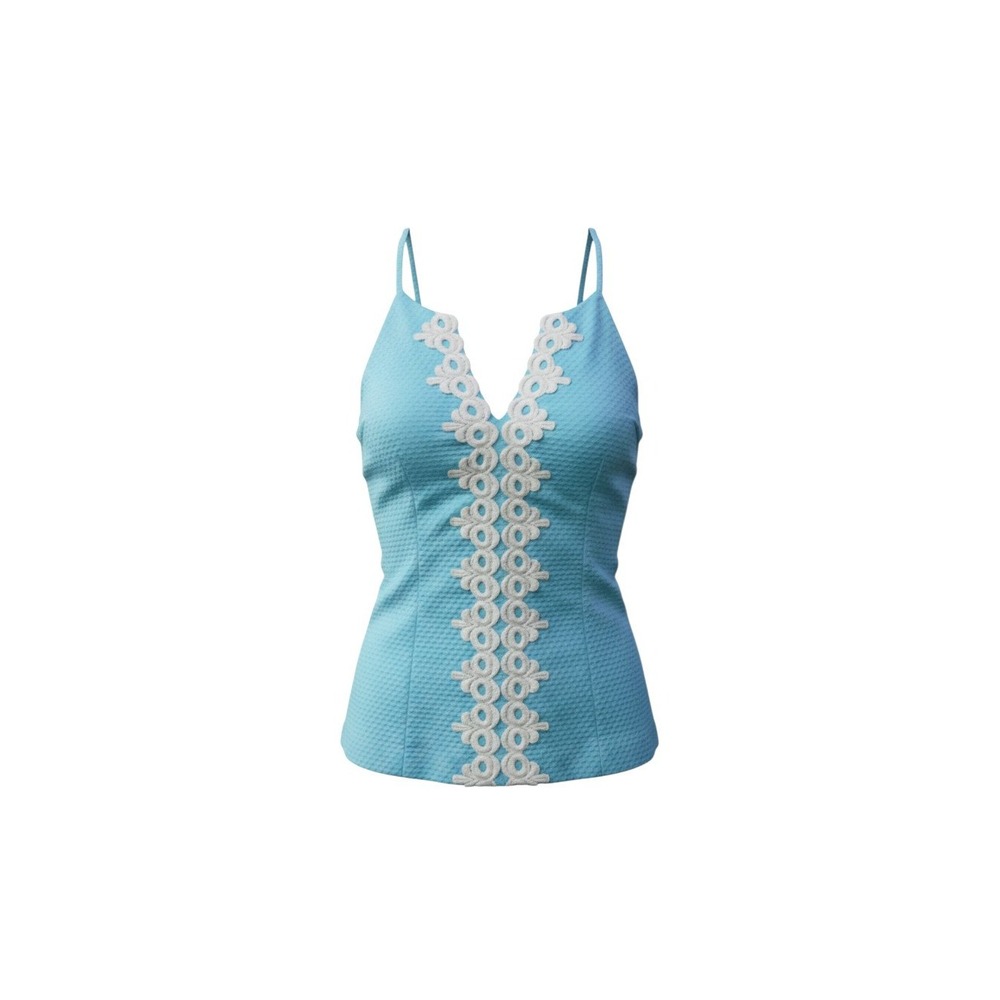 Lilly Pulitzer Cami Top Womens 4 Blue Seersucker Lace Trim V-Neck Cami